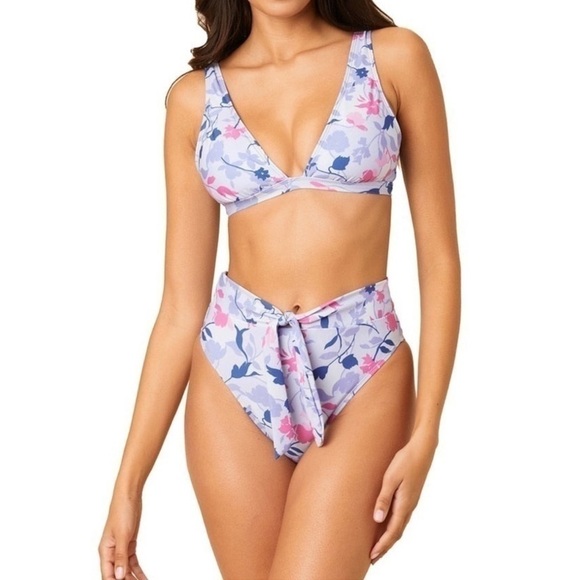 Splendid Bikini Floral Medium Triangle Top High Rise Bottoms Blue Pink New NWT - Picture 9 of 9